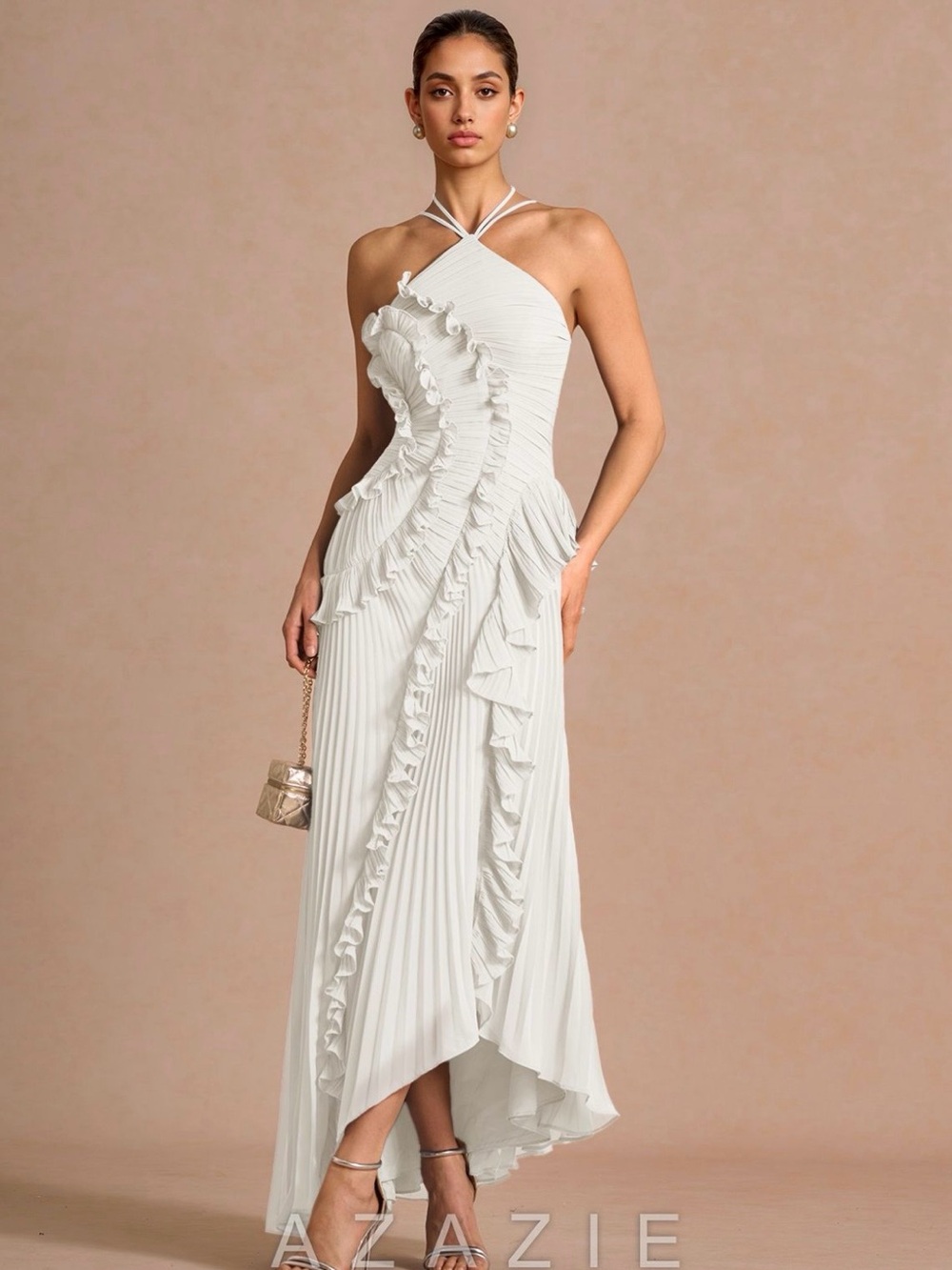 Azazie White One-Shoulder Ruffle Pleated Maxi Dress